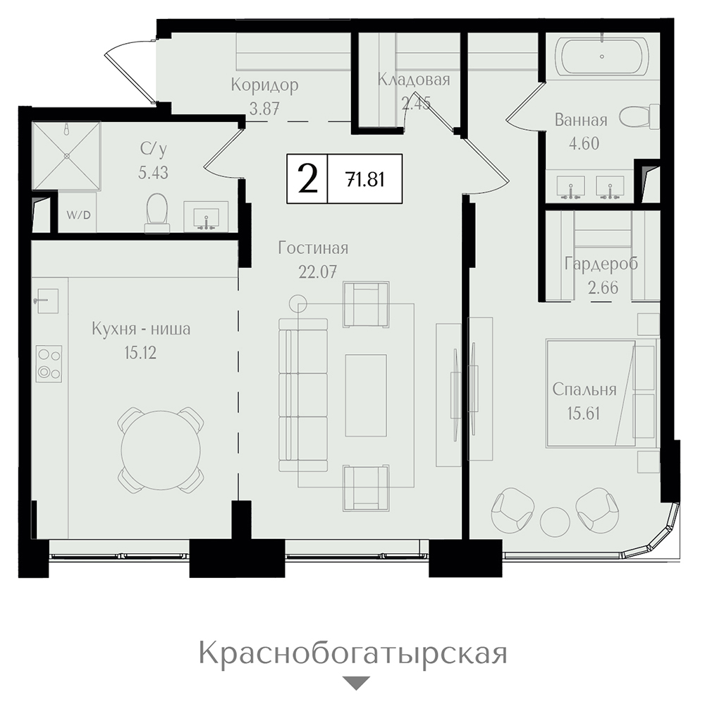 2 комн. квартира, 71.8 м², 2 этаж 