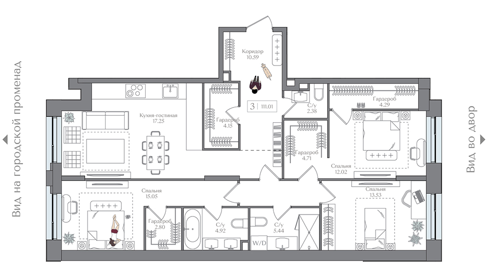 3 комн. квартира, 111 м², 10 этаж 