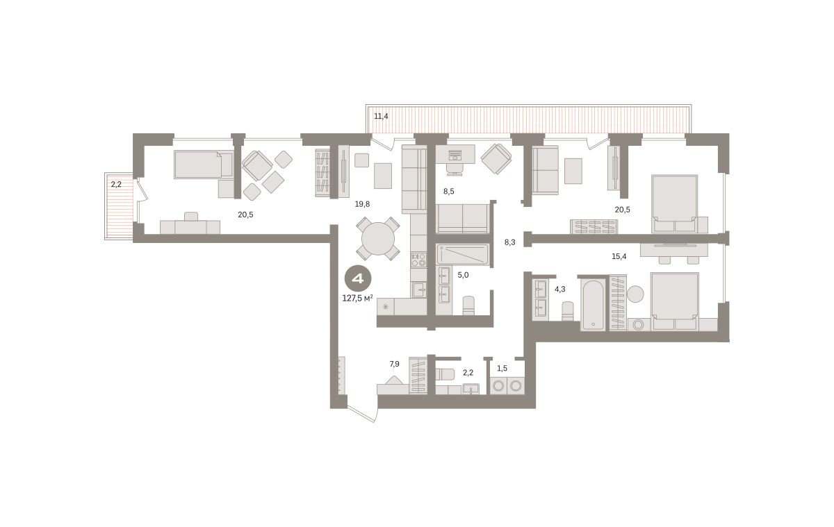4 комн. квартира, 127.5 м², 7 этаж  (из 29)