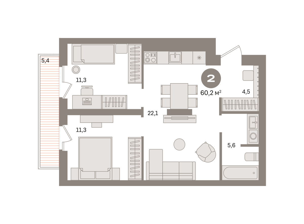 2 комн. квартира, 60.2 м², 12 этаж  (из 24)