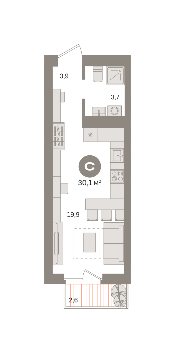 студия, 30.1 м², 15 этаж  (из 29)