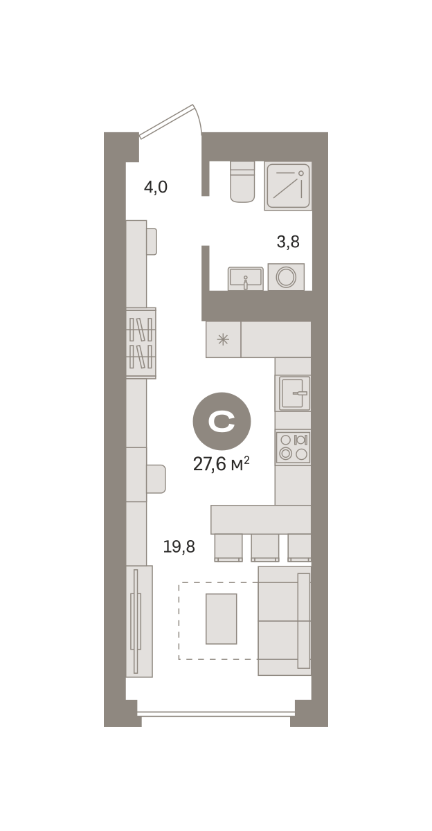 студия, 27.6 м², 22 этаж  (из 29)