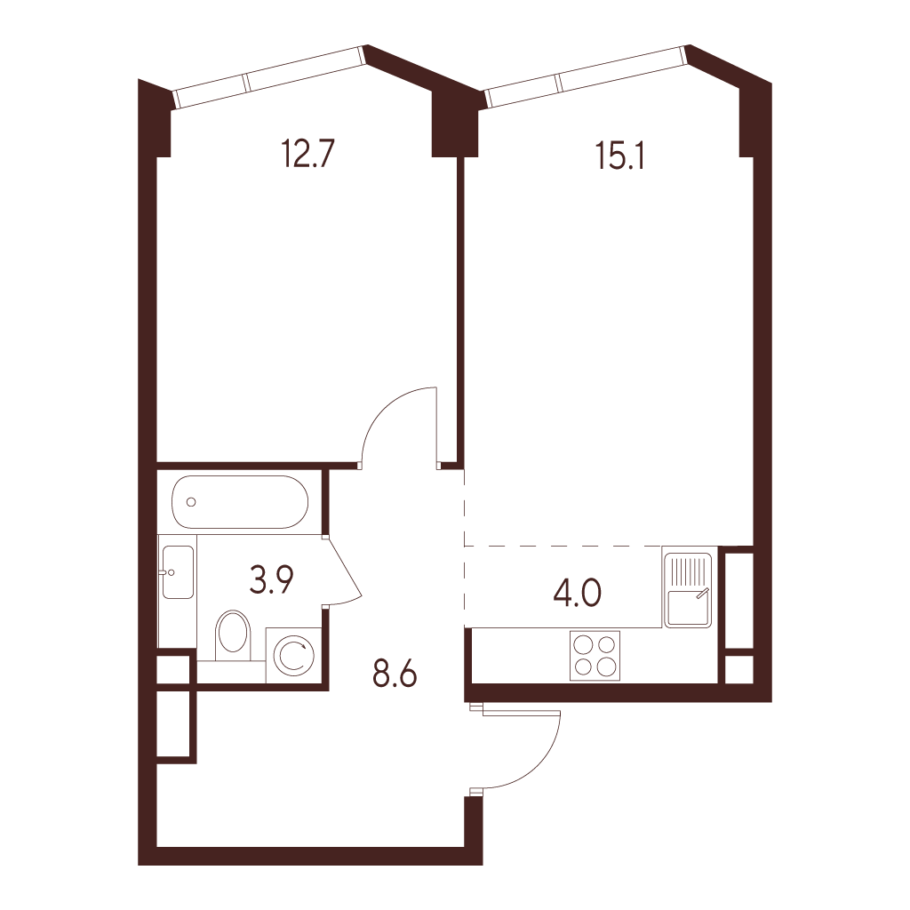 2 комн. квартира, 44.3 м², 17 этаж 