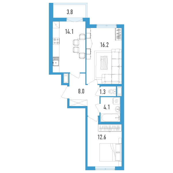 2 комн. квартира, 58.2 м², 10 этаж 