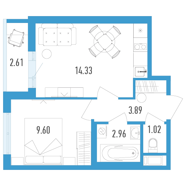 студия, 33.1 м², 12 этаж 