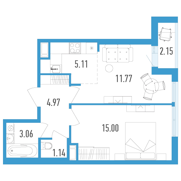 1 комн. квартира, 42.1 м², 5 этаж 