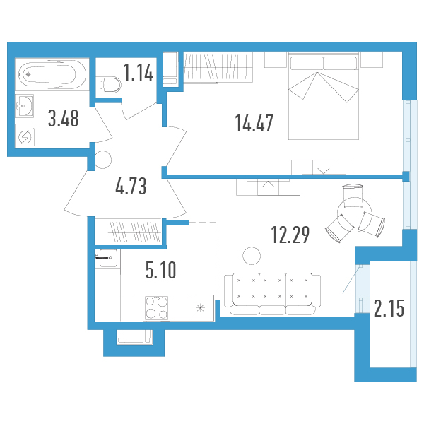 1 комн. квартира, 42.3 м², 8 этаж 