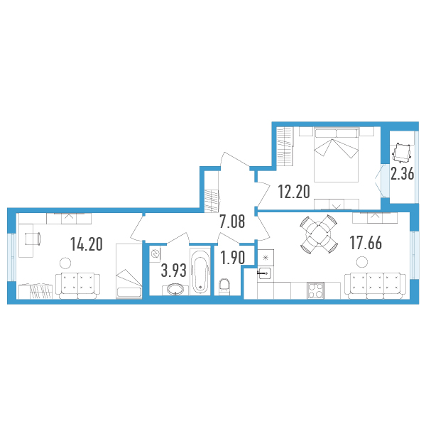 1 комн. квартира, 58.1 м², 2 этаж 