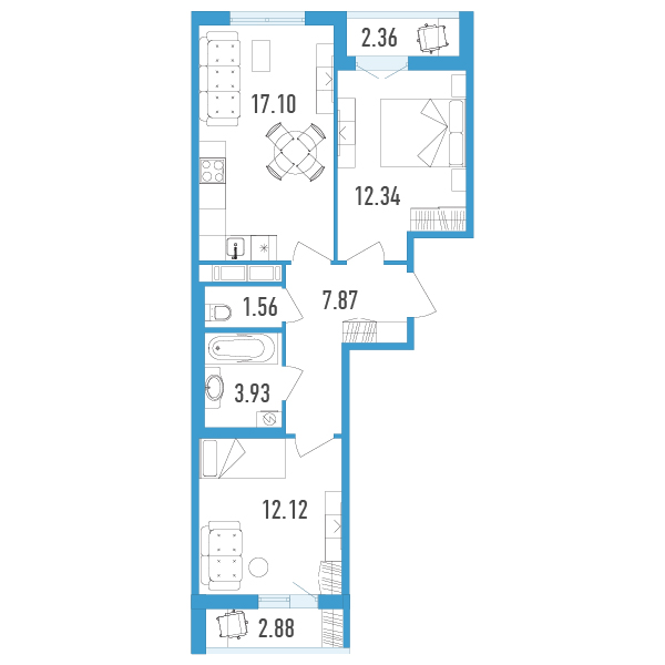 1 комн. квартира, 57.5 м², 5 этаж 