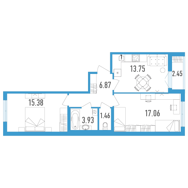 2 комн. квартира, 59.7 м², 2 этаж 