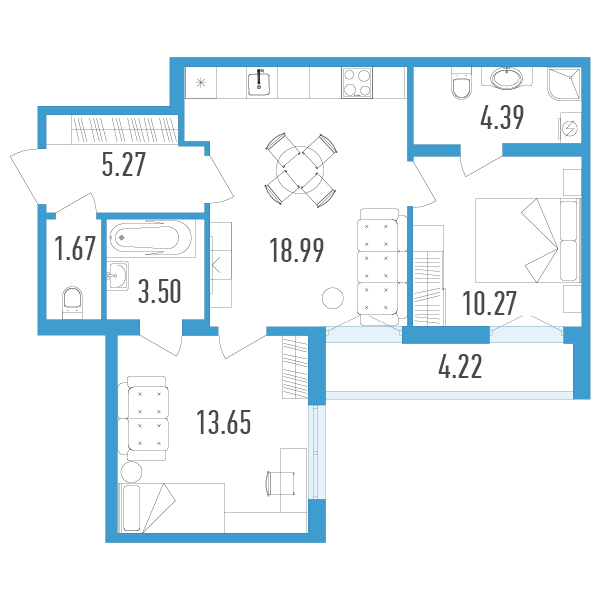 1 комн. квартира, 59.9 м², 2 этаж 