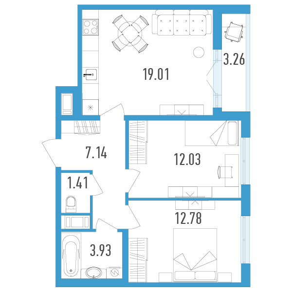 1 комн. квартира, 57.9 м², 4 этаж 