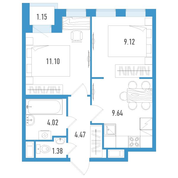 1 комн. квартира, 40.3 м², 12 этаж 