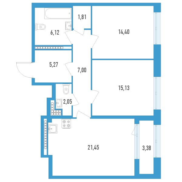 1 комн. квартира, 74.6 м², 14 этаж 