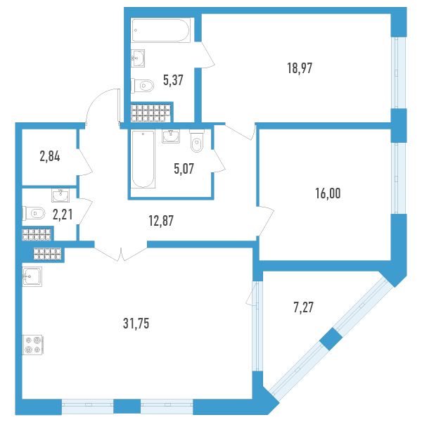 1 комн. квартира, 98.6 м², 13 этаж 