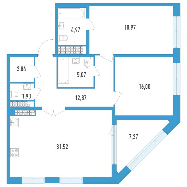 1 комн. квартира, 97.5 м², 18 этаж 