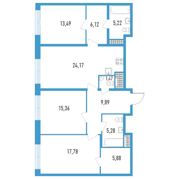 2 комн. квартира, 103.7 м², 17 этаж 