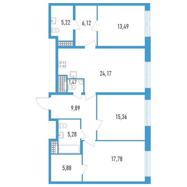 2 комн. квартира, 104.1 м², 17 этаж 
