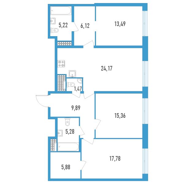 2 комн. квартира, 104.7 м², 17 этаж 