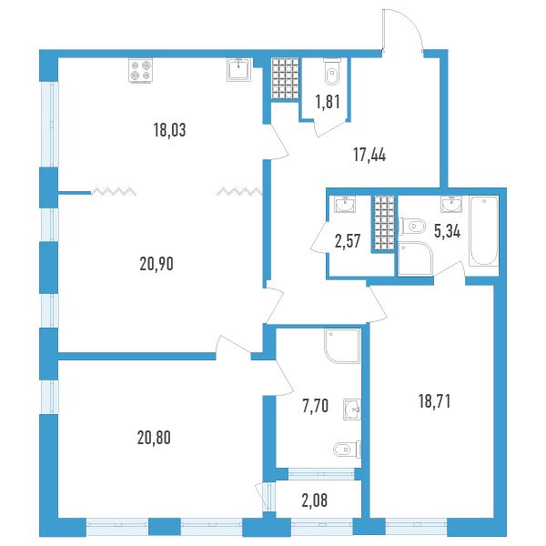 3 комн. квартира, 113.7 м², 15 этаж 