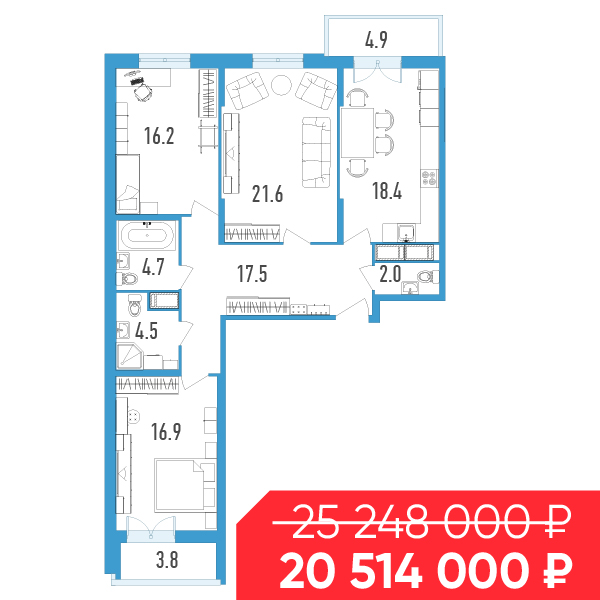 3 комн. квартира, 105.2 м², 11 этаж 