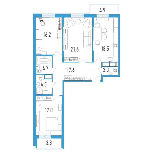 3 комн. квартира, 105.5 м², 6 этаж 