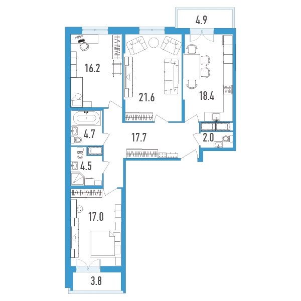 3 комн. квартира, 105.5 м², 7 этаж 