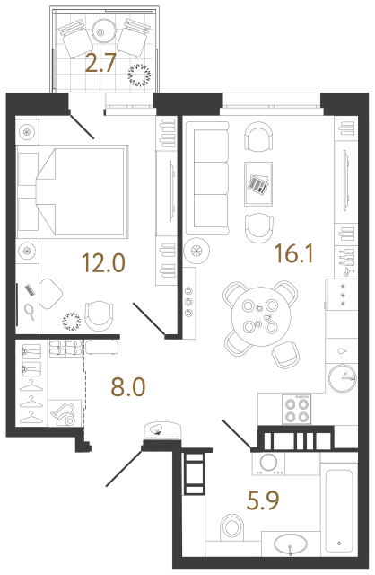 1 комн. квартира, 42 м², 8 этаж 