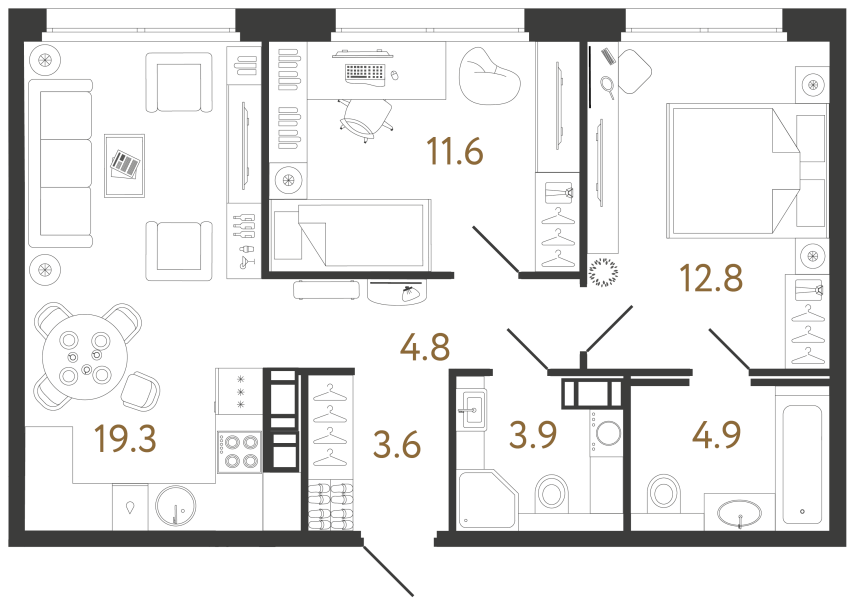 2 комн. квартира, 60.9 м², 7 этаж 