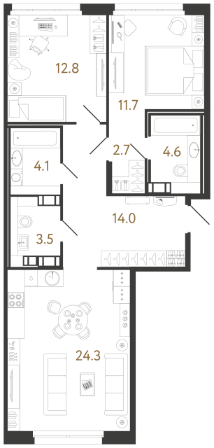 2 комн. квартира, 77.7 м², 10 этаж 