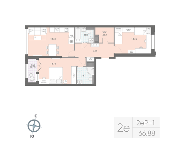 1 комн. квартира, 66.9 м², 16 этаж 