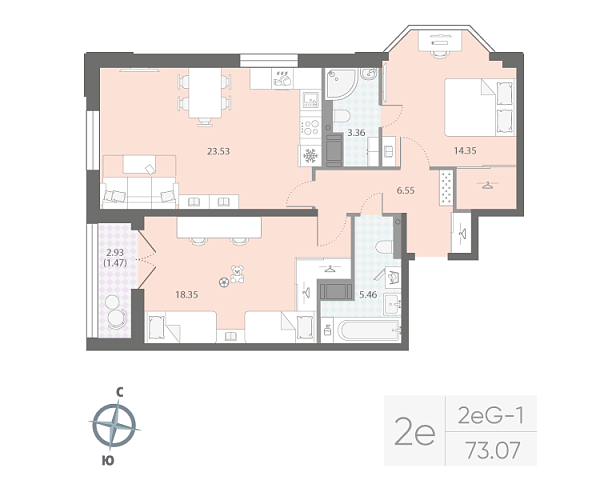 1 комн. квартира, 73.1 м², 10 этаж 