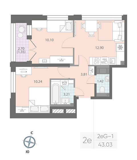 1 комн. квартира, 43 м², 15 этаж 