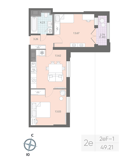 1 комн. квартира, 49.2 м², 10 этаж 