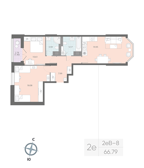 1 комн. квартира, 66.8 м², 12 этаж 