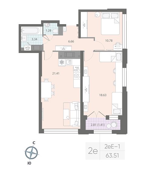 1 комн. квартира, 63.5 м², 16 этаж 