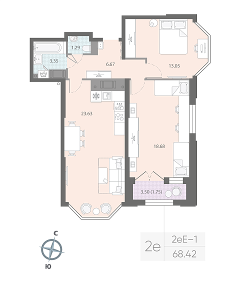1 комн. квартира, 68.4 м², 13 этаж 