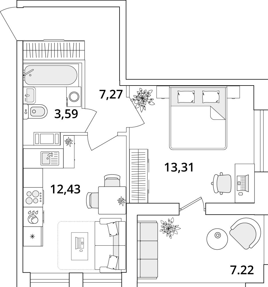 1 комн. квартира, 40.3 м², 8 этаж 