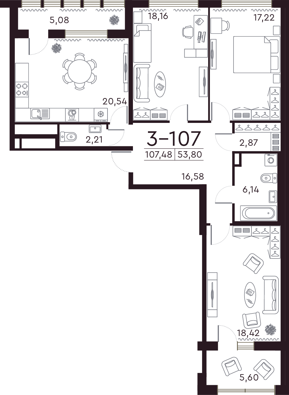 3 комн. квартира, 107.9 м², 5 этаж 