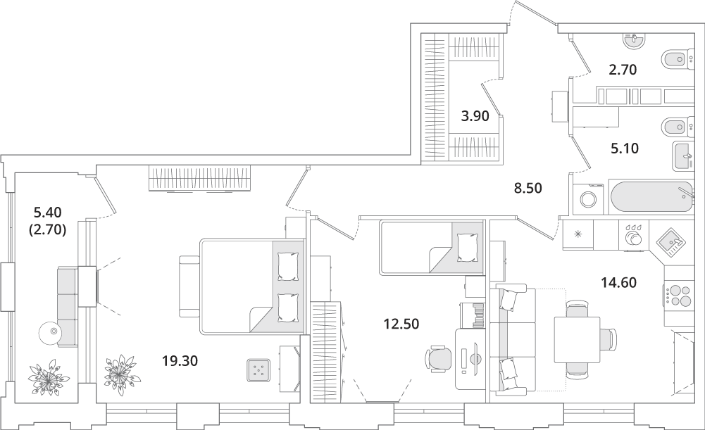 2 комн. квартира, 68.9 м², 6 этаж 