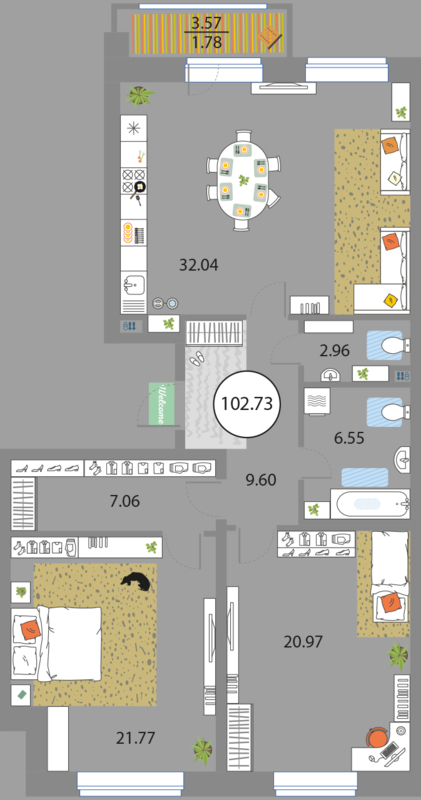 2 комн. квартира, 102.7 м², 2 этаж 