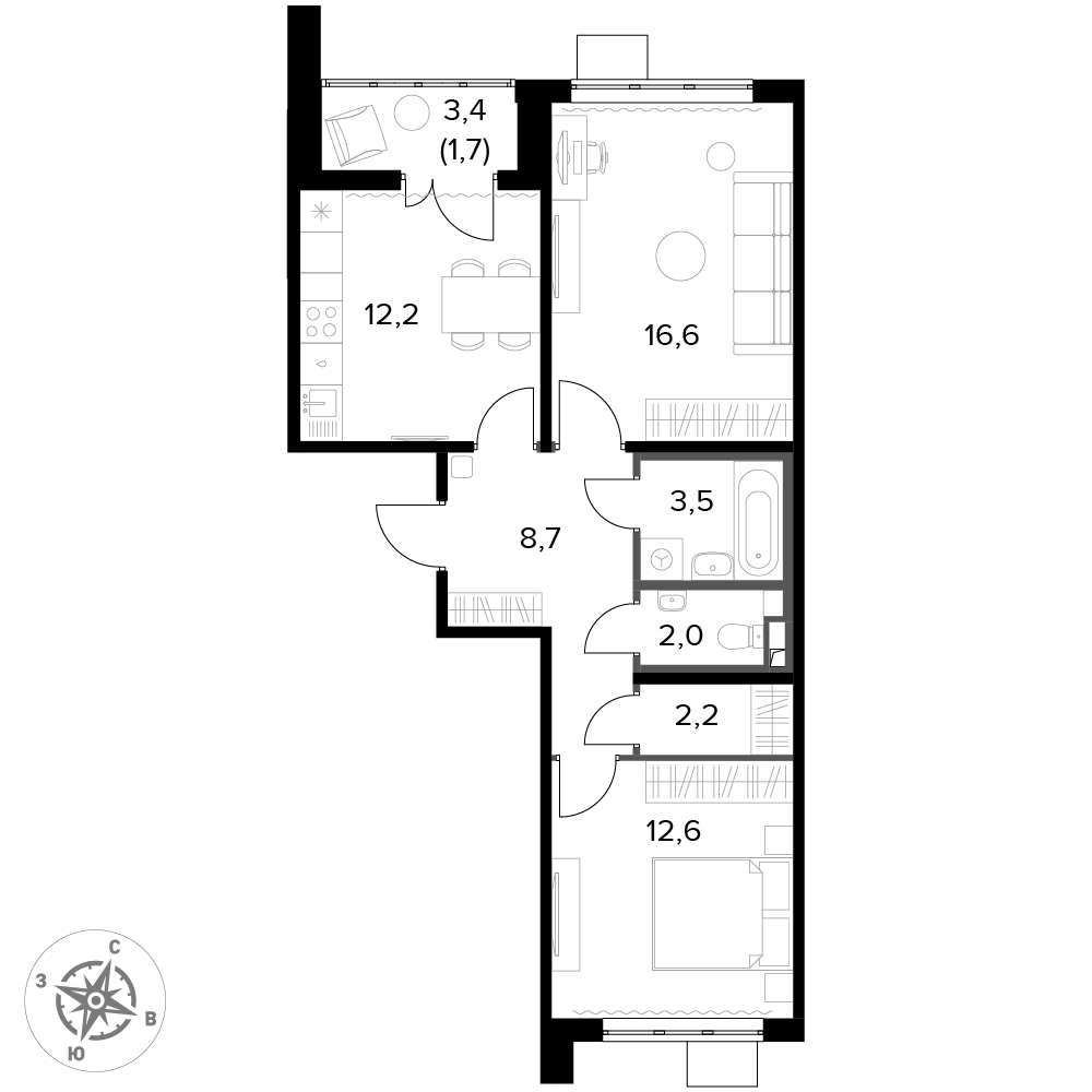 2 комн. квартира, 59.5 м², 5 этаж 
