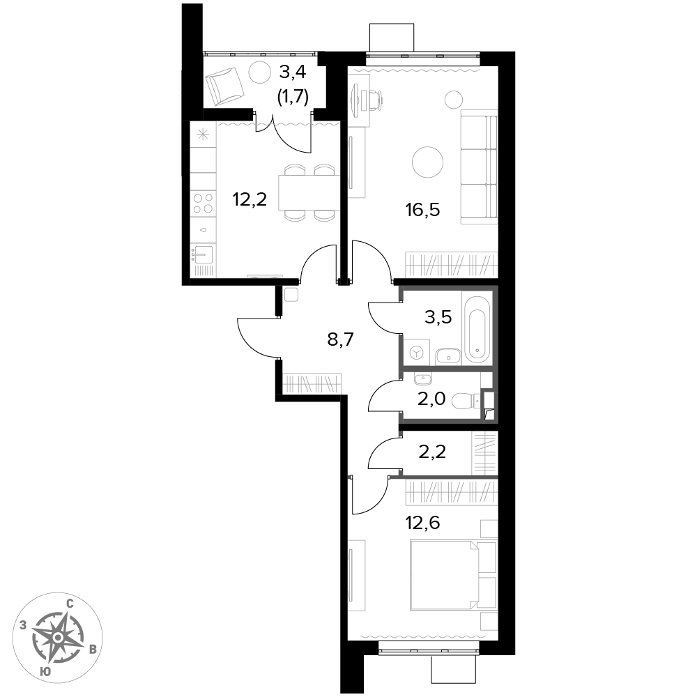 2 комн. квартира, 59.4 м², 9 этаж 