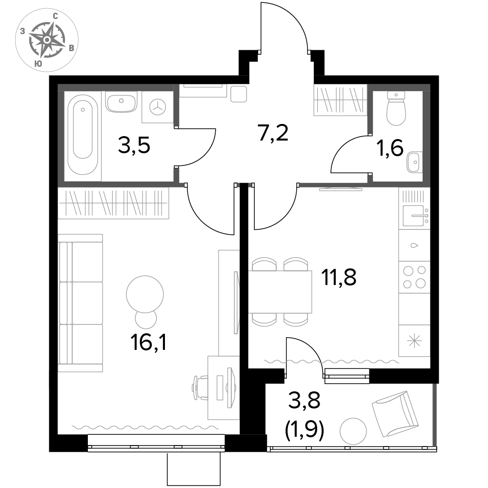 1 комн. квартира, 42.1 м², 9 этаж 