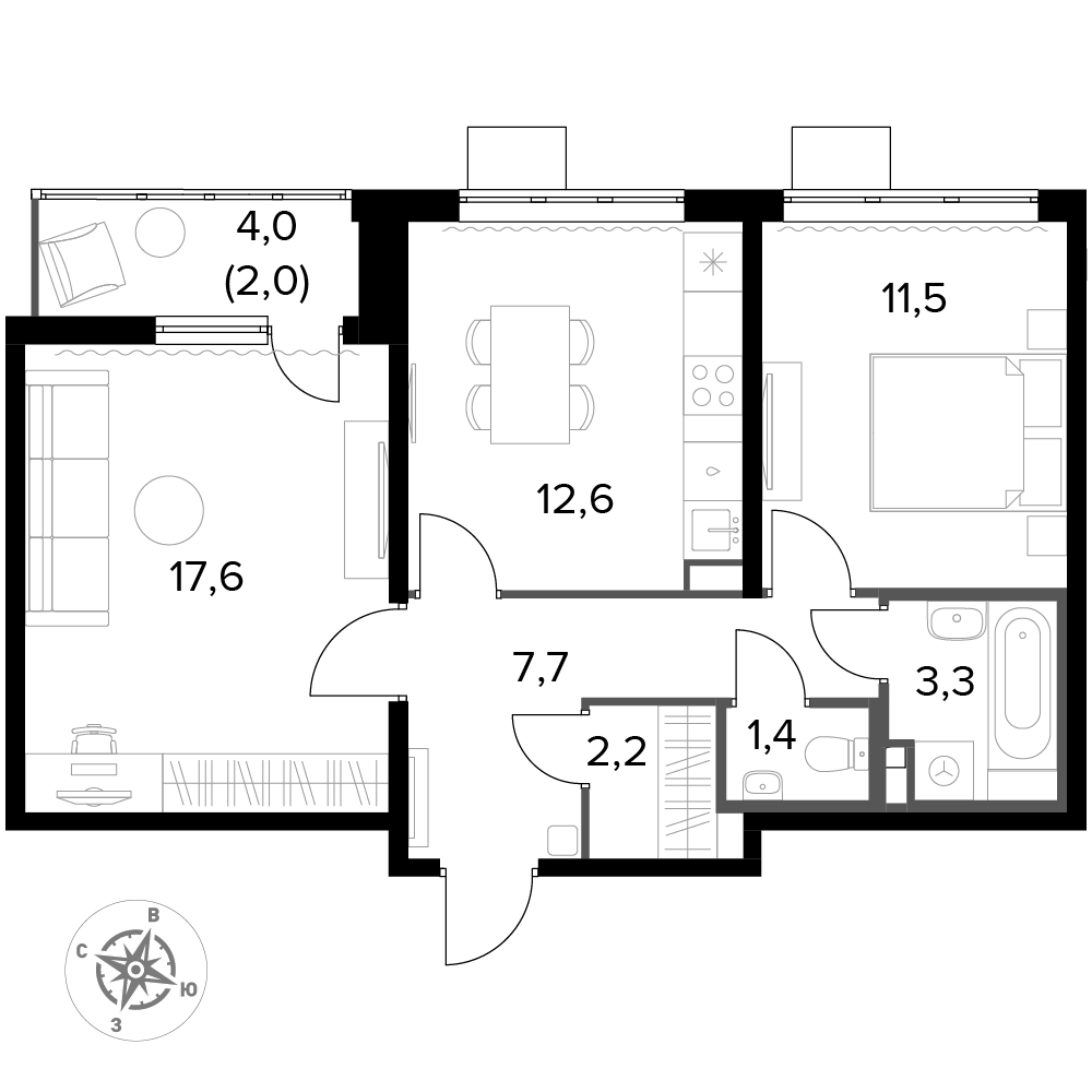 2 комн. квартира, 58.3 м², 4 этаж 