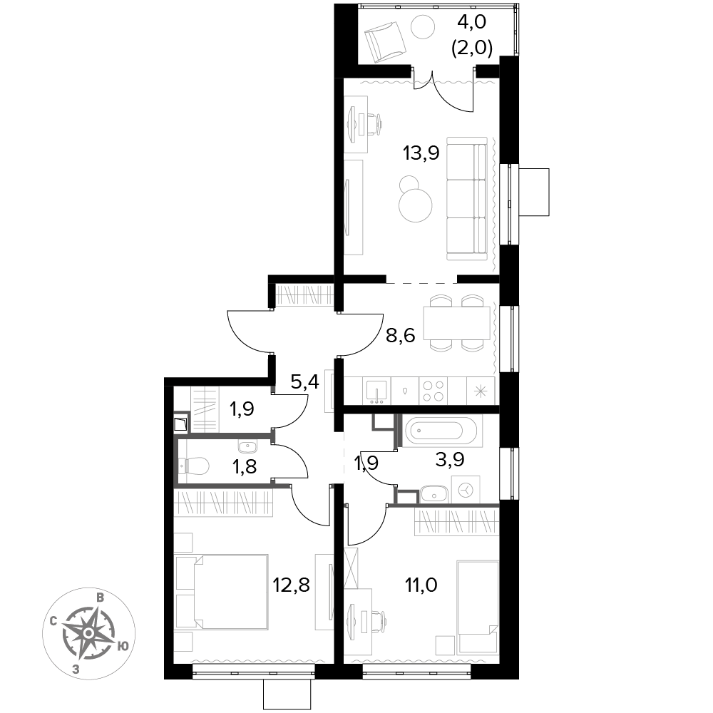3 комн. квартира, 63.2 м², 18 этаж 