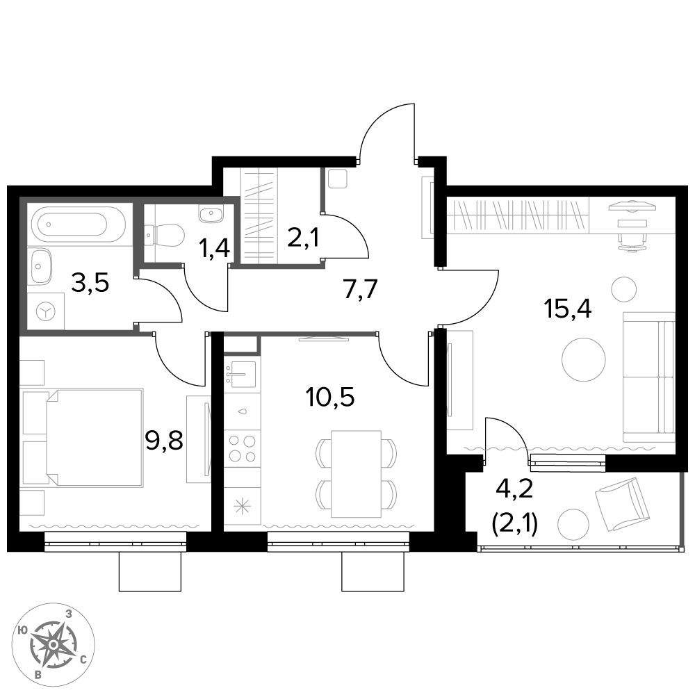 2 комн. квартира, 52.5 м², 5 этаж 