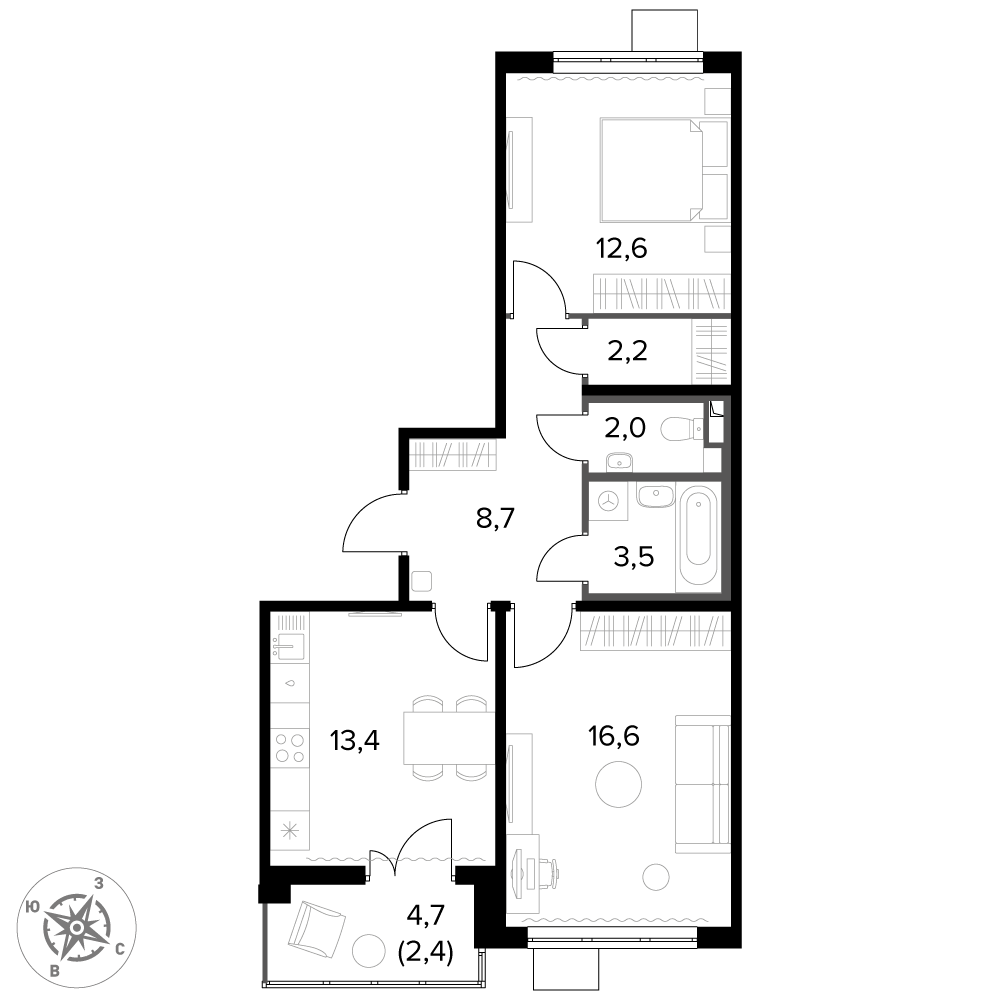 2 комн. квартира, 61.4 м², 19 этаж 