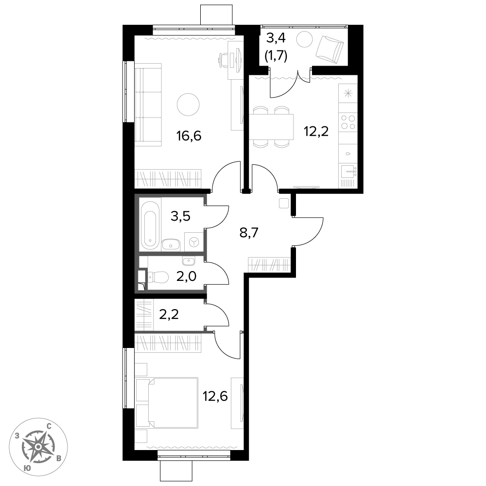 2 комн. квартира, 59.5 м², 9 этаж 