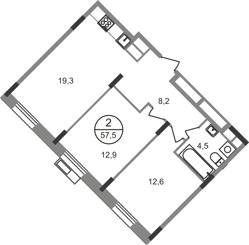 2 комн. квартира, 57.5 м², 7 этаж  (из 9)